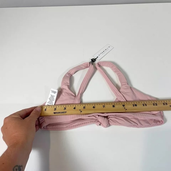 Vitamin A Lou Triangle Bikini Swim Top Size S Pink Bow Eco Ribbed Summer NWT - Picture 5 of 6